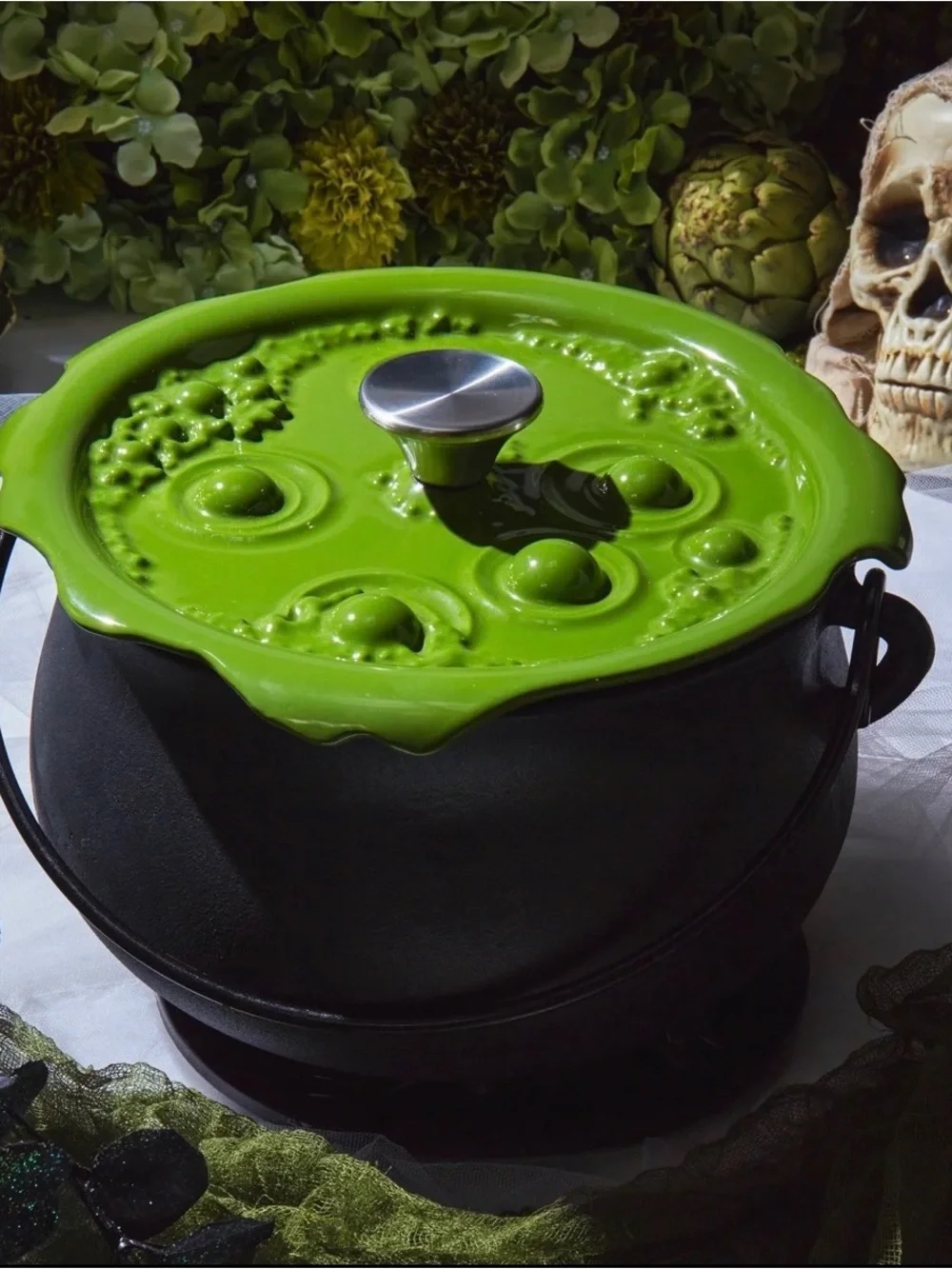 Smith & Clark Cast Iron Enamel 4 Qt Cauldron Pot w/ Lid & Handle, Black/Green